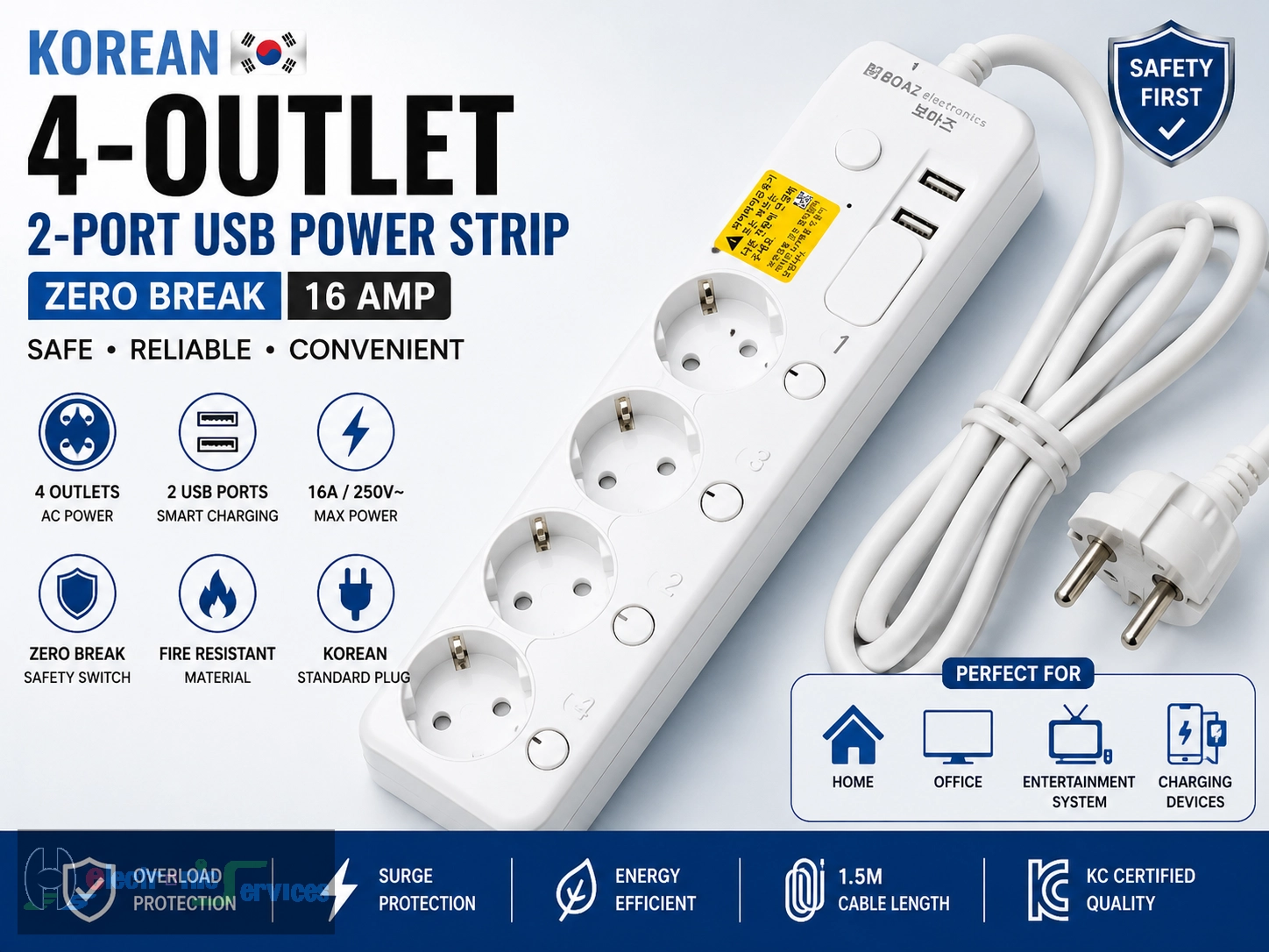 Korean 4-Outlet, 2-Port USB Power Strip (Zero Break), 16 Amp